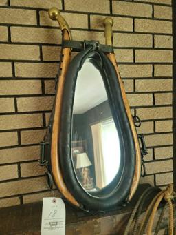 Horse collar mirror, cant hook, pot, metal horse clock, ropes