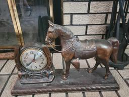 Horse collar mirror, cant hook, pot, metal horse clock, ropes