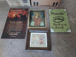 2 Boxes of Cowboy Decorations, Nutcrackers, Matches, Hanging Art, and more