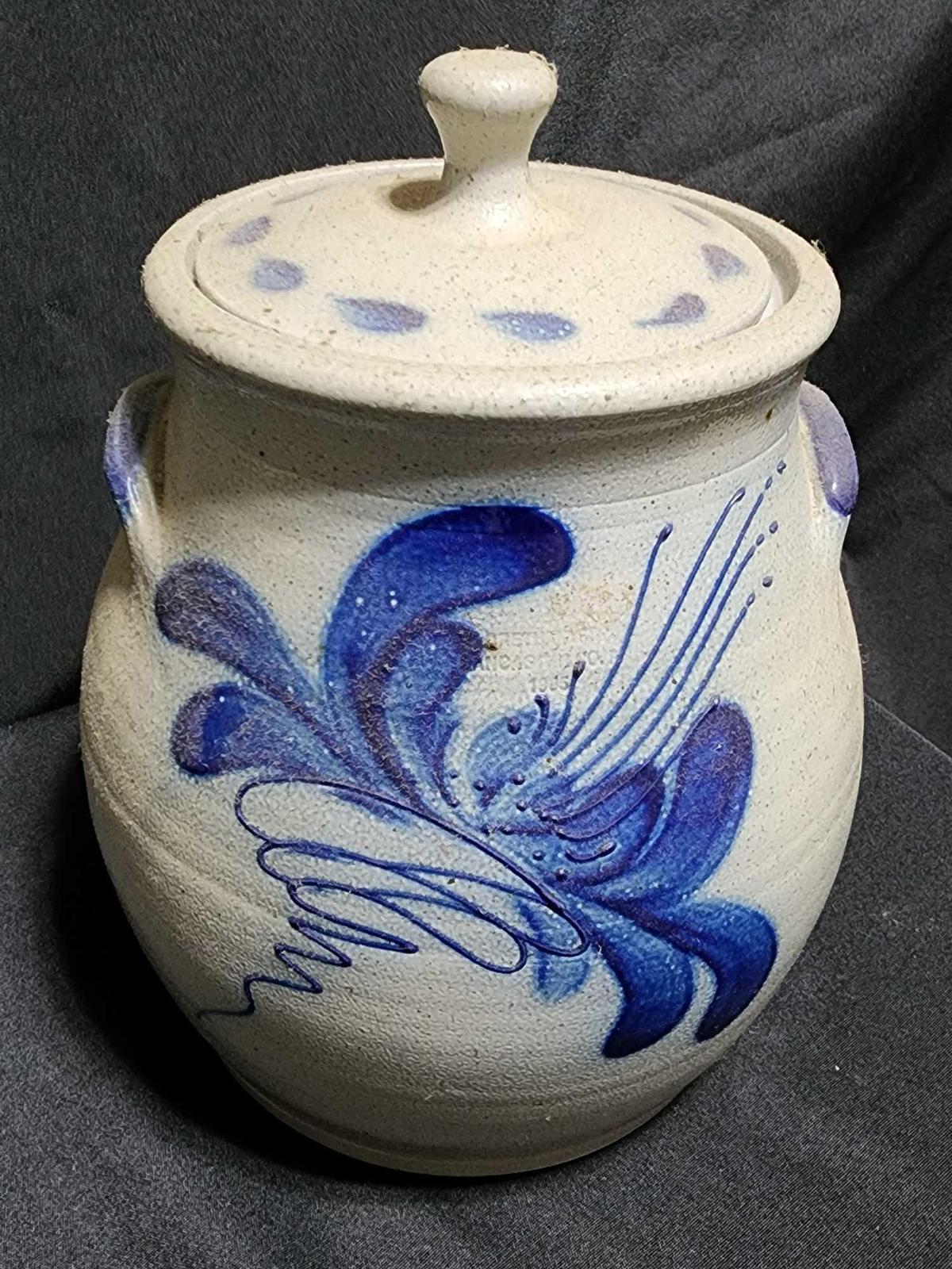 Signed and dated blue decorated covered jar