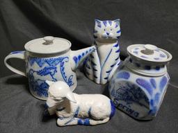 Blue decorated pottery: pot, cat, sheep, jar