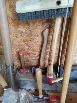 Assorted Yard Tools, Axs, and Brooms