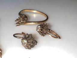 Vintage Gold Jewelry, Brooch, Ring, Earrings with Diamonds