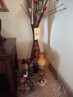 Amber Glass Lamp, Metal Vase and Faux Floral Decor