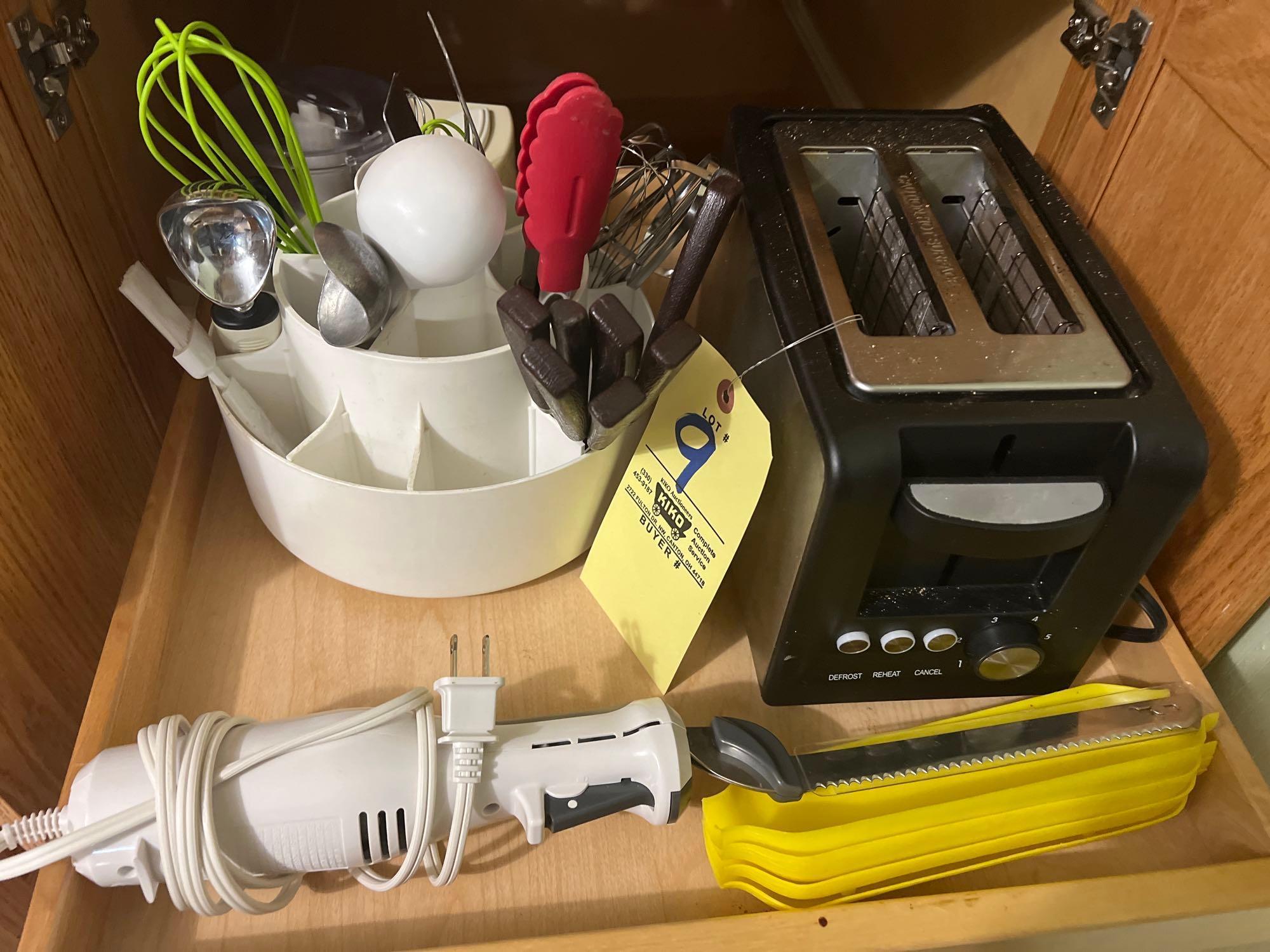 Flatware, Tupperware, Kitchen towels, bakeware, mixing bowls, cutting boards, toaster, utensils,