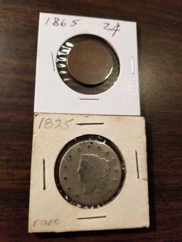 1825 Large cent and 1865 two cent pc. bid x 2