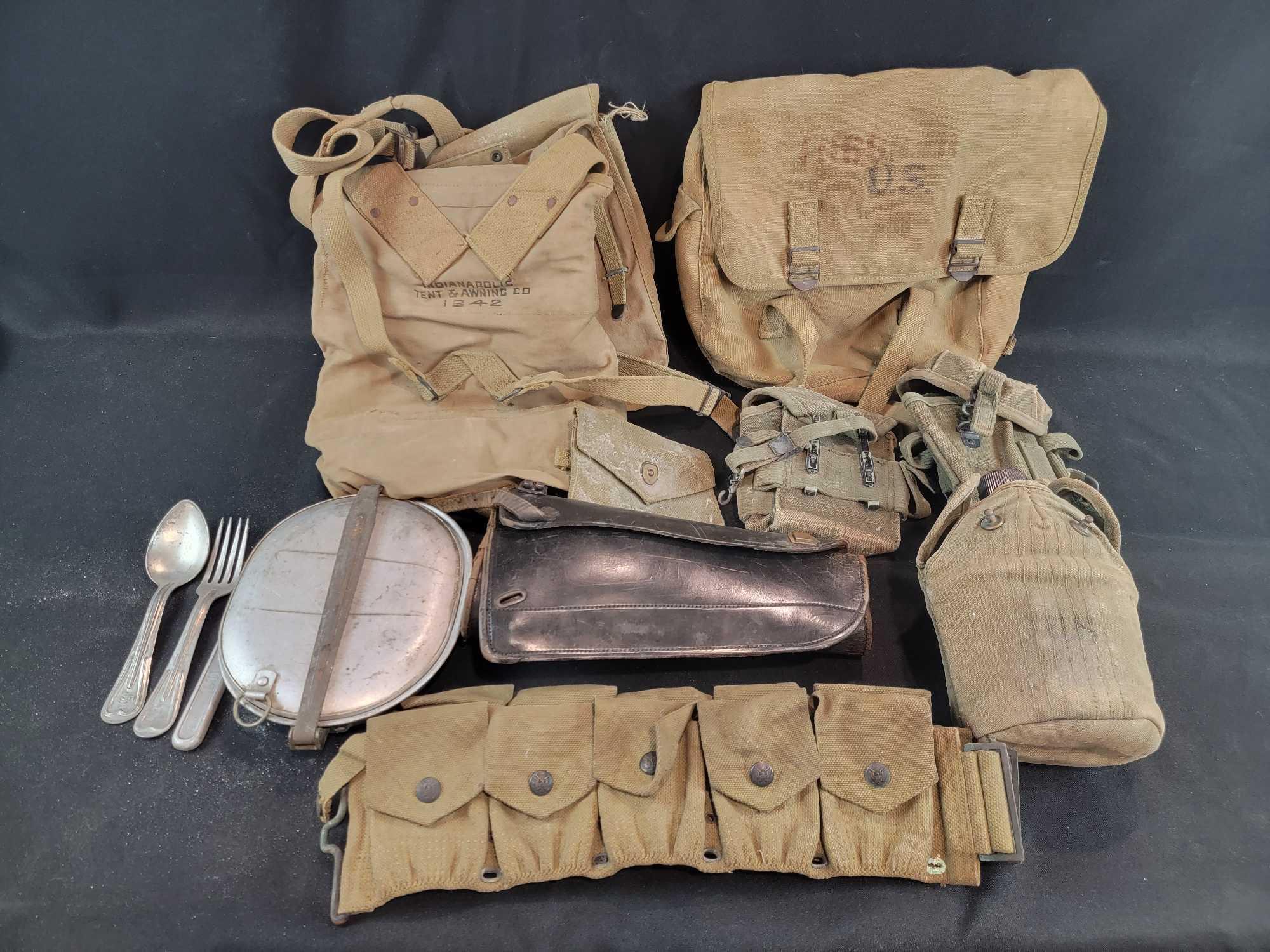 Large Group US Military canvas bags ammo belt canteen mess kit mixed wars WWI WWII WW2