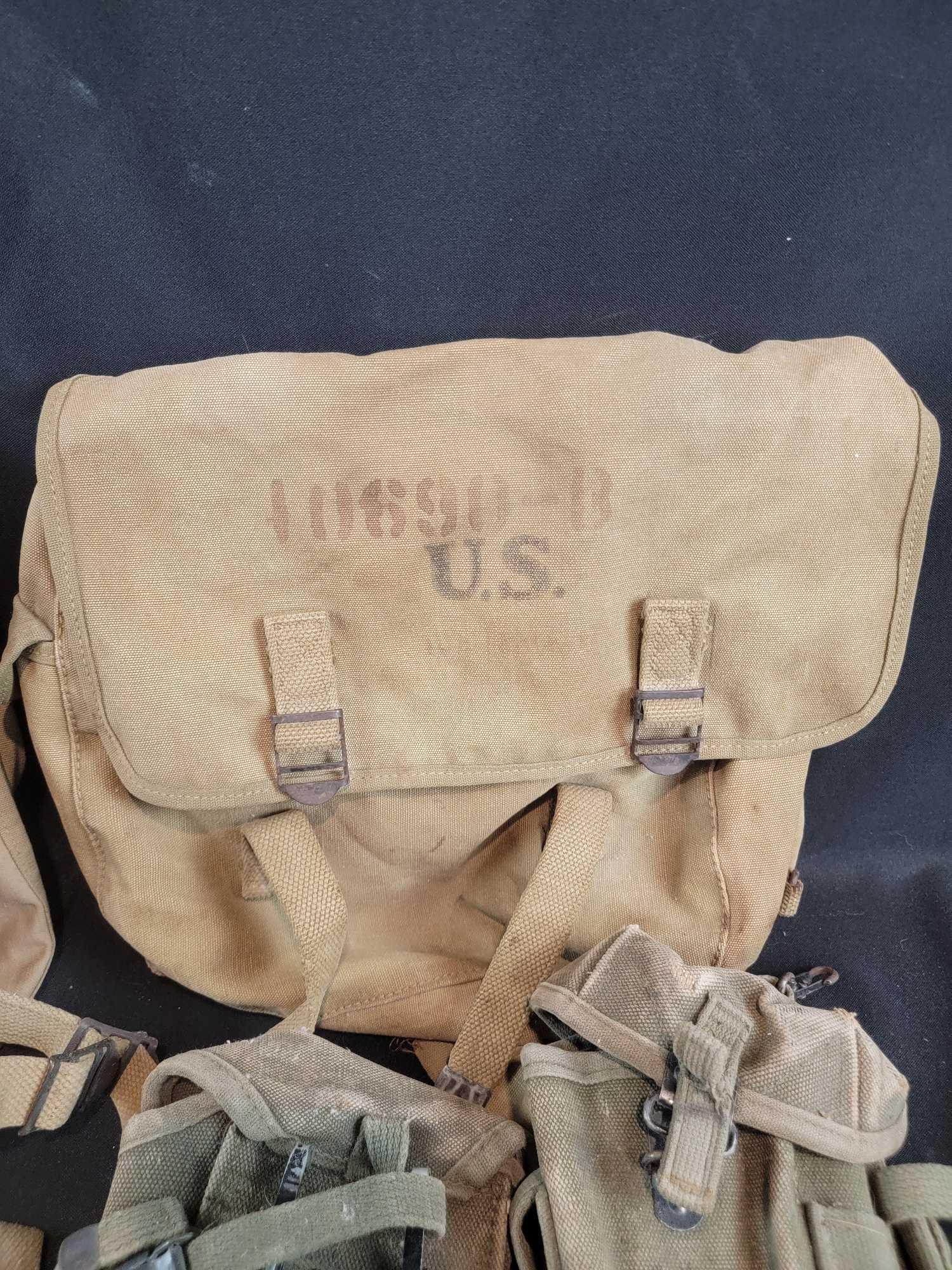 Large Group US Military canvas bags ammo belt canteen mess kit mixed wars WWI WWII WW2