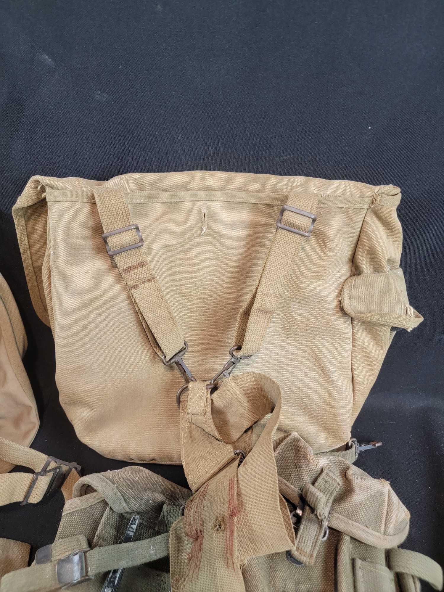 Large Group US Military canvas bags ammo belt canteen mess kit mixed wars WWI WWII WW2