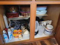 Contents of kitchen cabinets, pots, pans, junk drawers, covered corningware