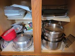 Contents of kitchen cabinets, pots, pans, junk drawers, covered corningware