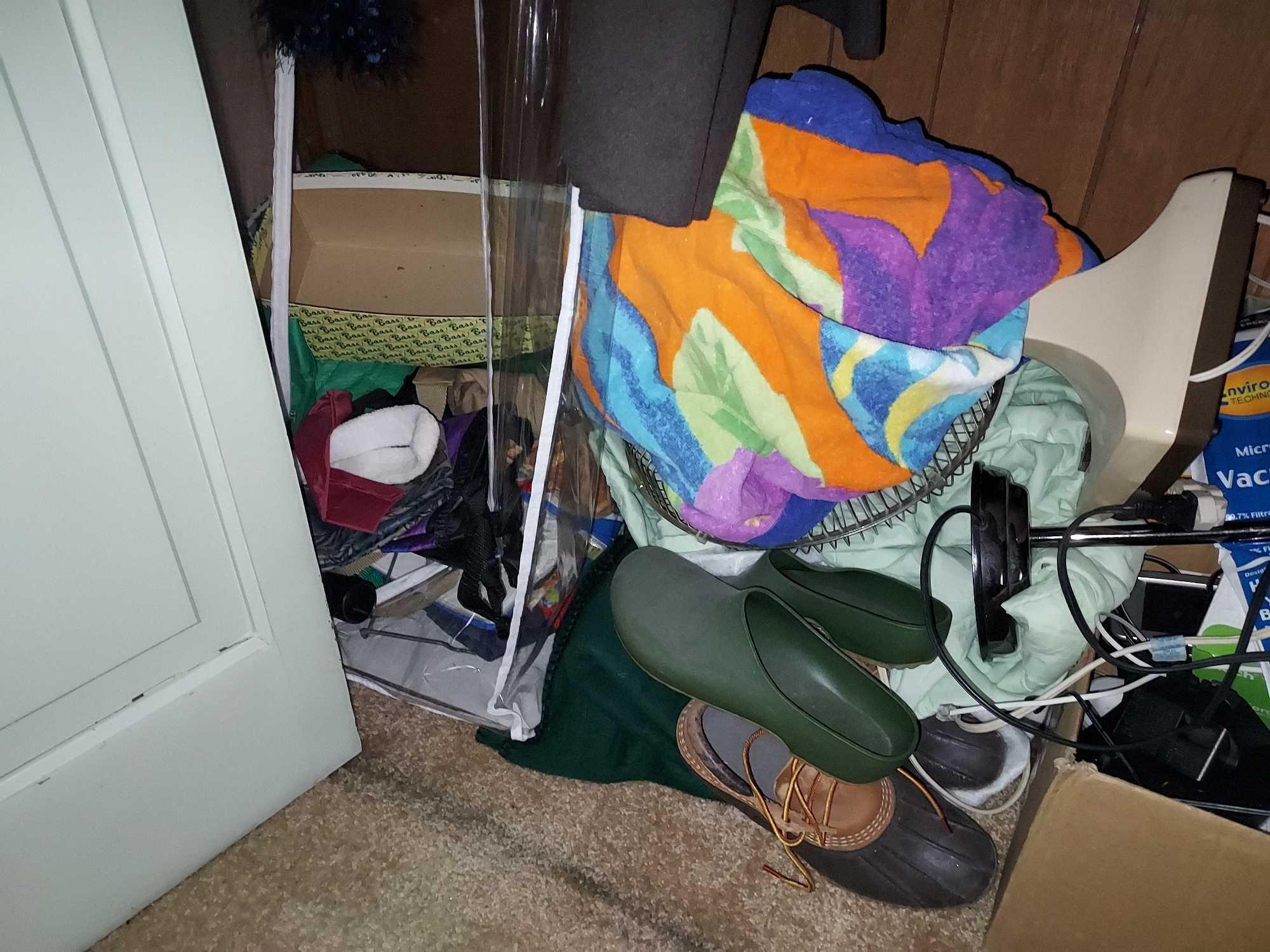 Contents of Dining Room Closet - Clothes, Electronics, Cassettes, & more