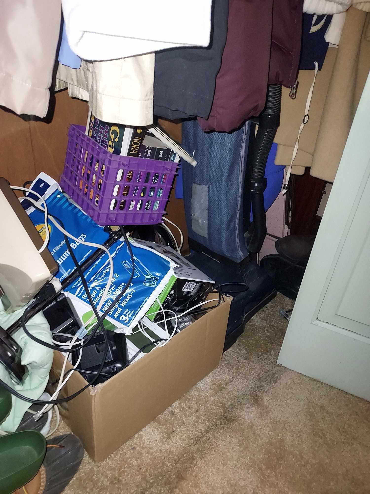 Contents of Dining Room Closet - Clothes, Electronics, Cassettes, & more