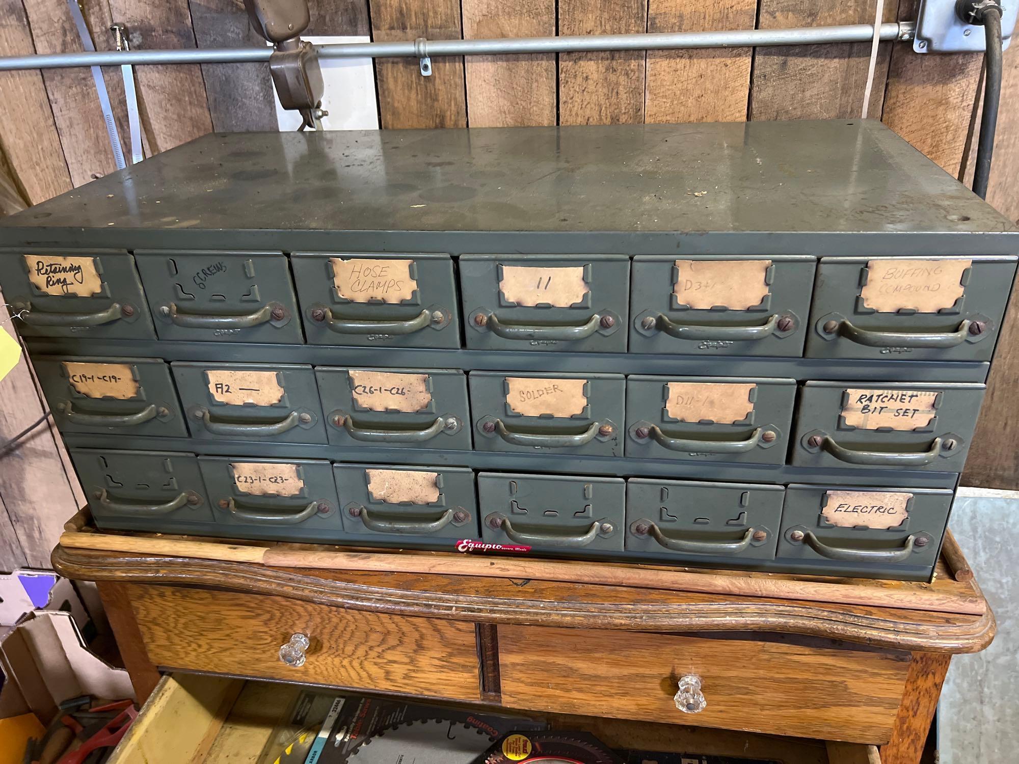 Vintage 18 Drawer Metal Cabinet with Tools and Hardware