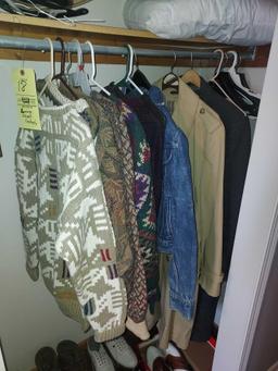 Closet Contents - Sweaters, Mens Shoes (Mainly Size 10), Pillows, & Hangers