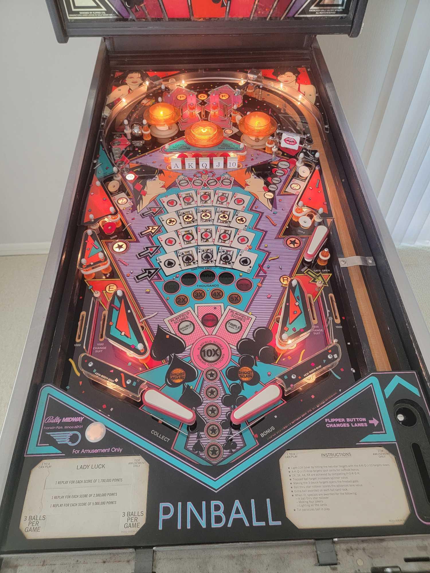 1986 Bally Midway Lady Luck Solid State Pinball Machine only 500 made