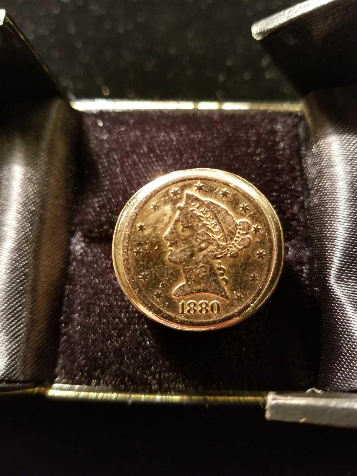14k yellow gold man's ring with an 1880 US $5 gold coin.