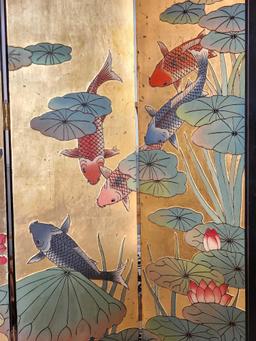 Vintage 4 panel Asian Koi fish folding room divider screen