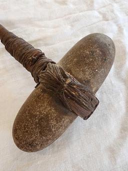 Unusual Native stone tool, affixed to wooden handle