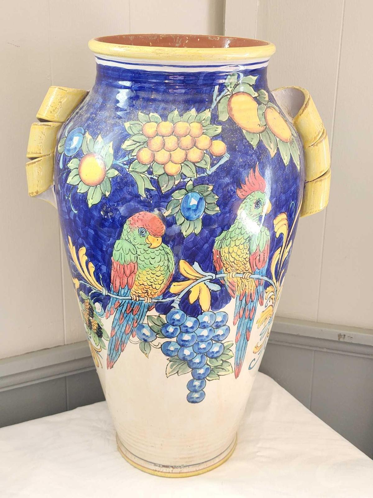 Chinese, Majolica style art pottery garden urn / vase with parrots