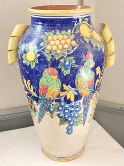 Chinese, Majolica style art pottery garden urn / vase with parrots