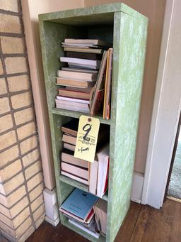 book shelf, books, ferns in vases