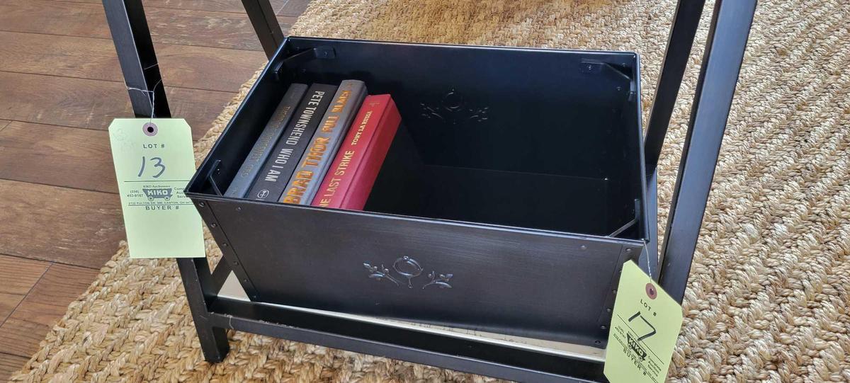 Pair of metal bins with metal basket and books