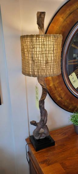 Pair of drift wood style lamps with natural fiber shades