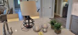 Metal base table lamp, artifical plants, glass candle holders