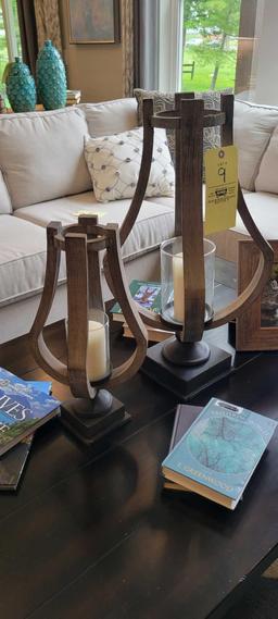 Wood candle holders, frame and assorted books