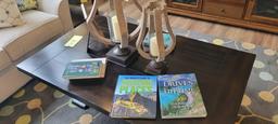 Wood candle holders, frame and assorted books