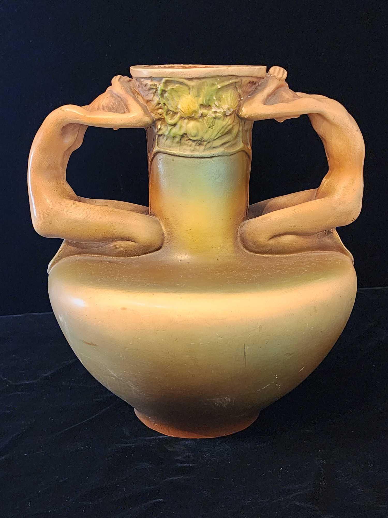 Antique Amphora style Art Nouveau figural handle vase