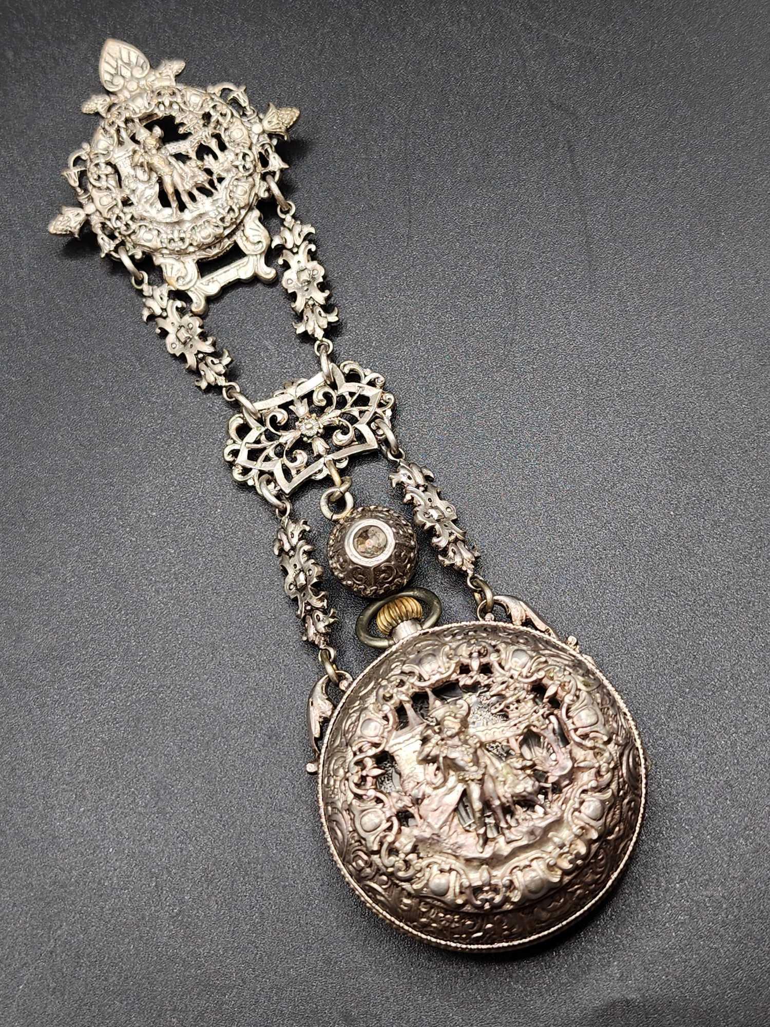 Rarely found antique pocket watch with chatelaine case, pin