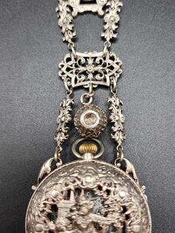 Rarely found antique pocket watch with chatelaine case, pin
