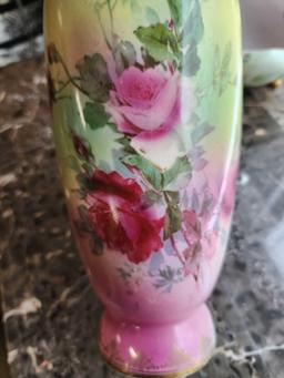 (2) antique floral hand painted China pieces, vase & bowl