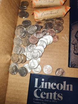 Lincoln Cents # 2 Book Full, Jefferson Nickels Book # 2 Full, 2 Rolls of Bicentennial Quarters, Misc
