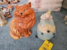 Clown Cookie Jar - nice, and Large Ceramic Cat - has damage on ears