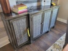 Animal print themed 4 door credenza with nail head trim and stone top inlay