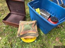 Wooden Merry Go Round, Silver Cloth Box, Transistor Radio, Dan Rock Beverage Bottle