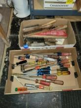 2 Boxes of drivers, chisels, mason tools and wire brushes