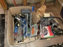 2 Boxes of assorted hardware, casters, chain, springs, compound meter and more