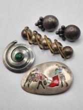 Vintage Mexican sterling silver lot: pins & Margot de Taxco earrings
