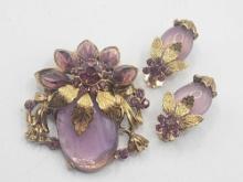 Vintage purple rhinestone pin & earrings