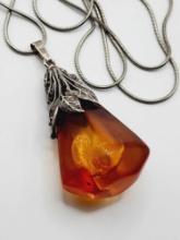 Vintage sterling silver & BIG amber drop pendant necklace