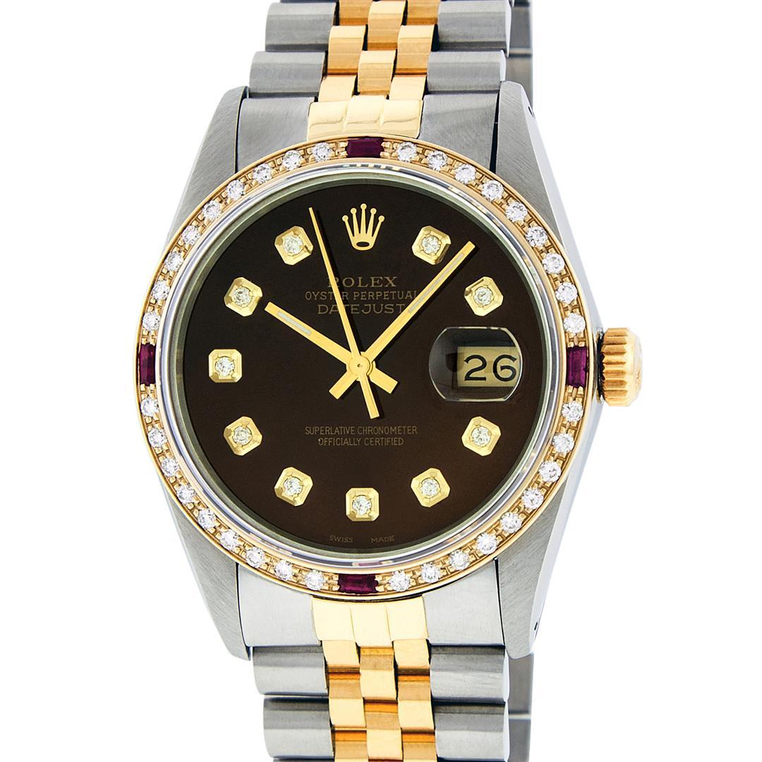 Rolex Mens Two Tone Brown Diamond And Ruby 36MM Datejust Wristwatch