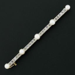 Antique Edwardian French 18k Gold & Platinum 0.80 ctw Diamond Pearl Bar Pin Broo