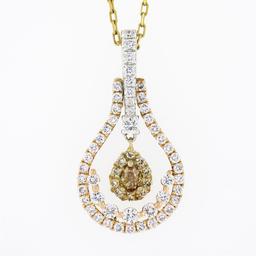 18K Gold 1.20 ctw White & Yellow Diamond Open Teardrop Dangle Pendant w/ 18" Cha