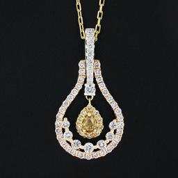 18K Gold 1.20 ctw White & Yellow Diamond Open Teardrop Dangle Pendant w/ 18" Cha