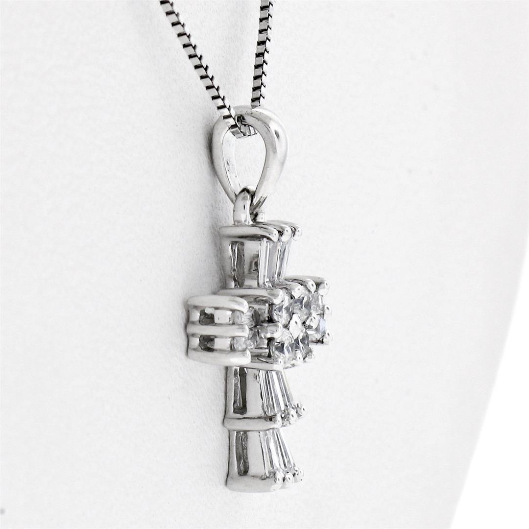 Petite 18K White Gold .37 ctw Round & Baguette Cut Diamond Cross Pendant w/ Chai