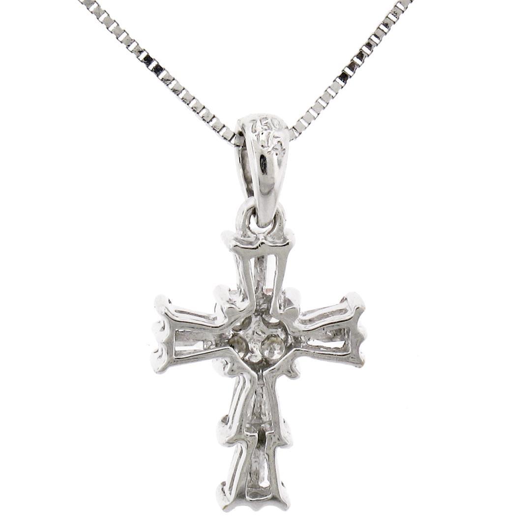 Petite 18K White Gold .37 ctw Round & Baguette Cut Diamond Cross Pendant w/ Chai